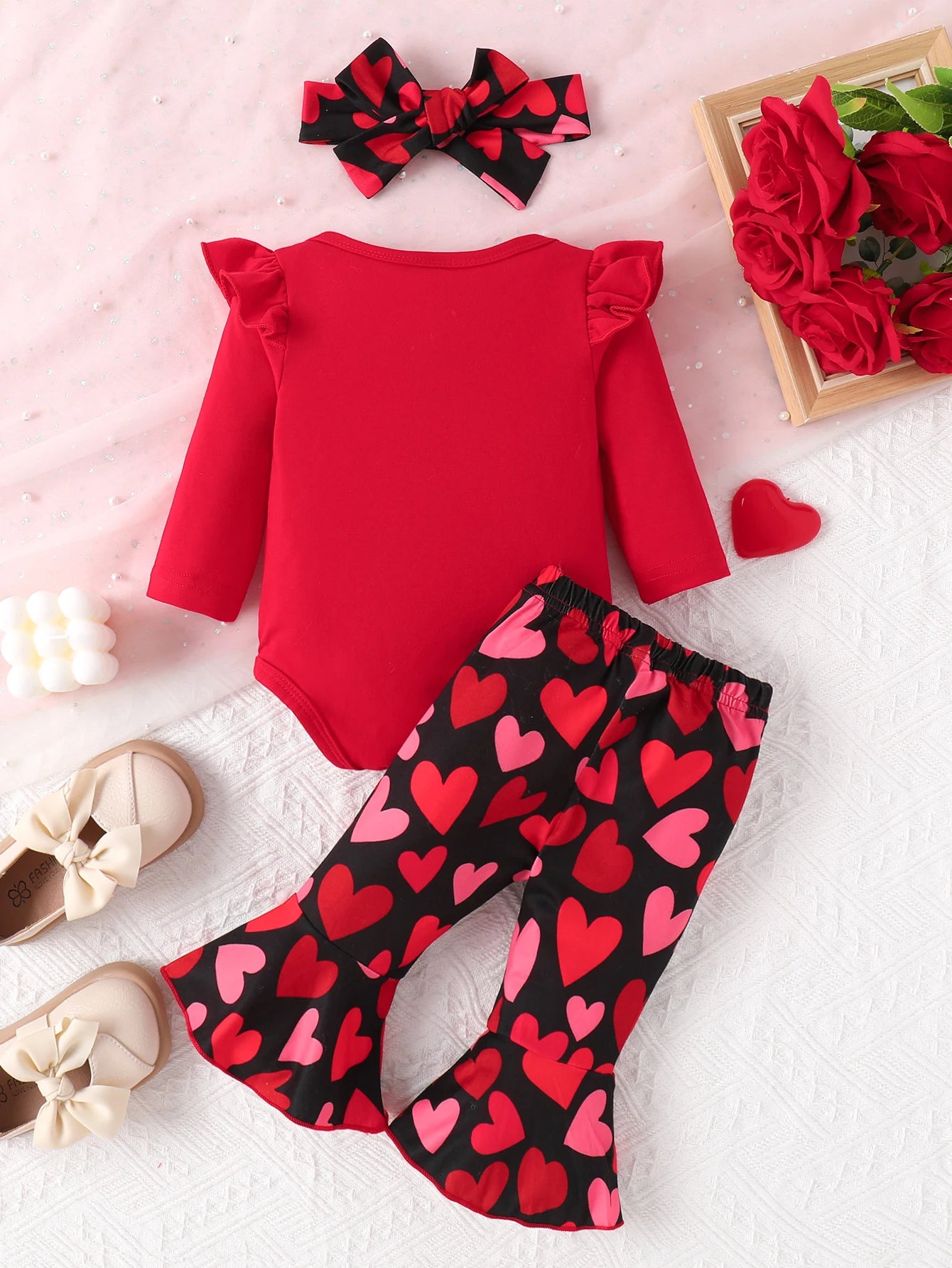 Baby Girl Valentine's Day Red Bodysuit & Heart Print Flared Pants + Headband Set