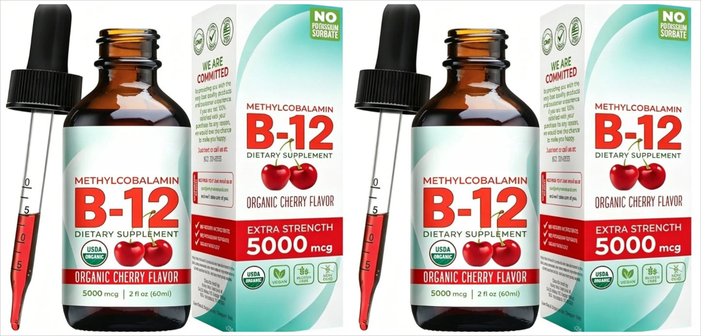 Methylcobalamin B12 5000mcg Daily Energy Vitality Support Organic Cherry Flavor Liquid Drops 60ml