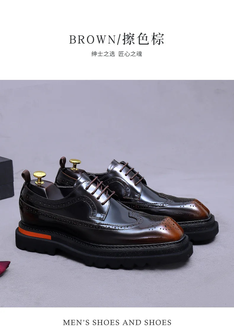 Men's Brogue Platform Oxford Shoes Genuine Leather Thick Sole Formal Dress Shoes for Men Business Casual Lace Up Luxury Oxfords