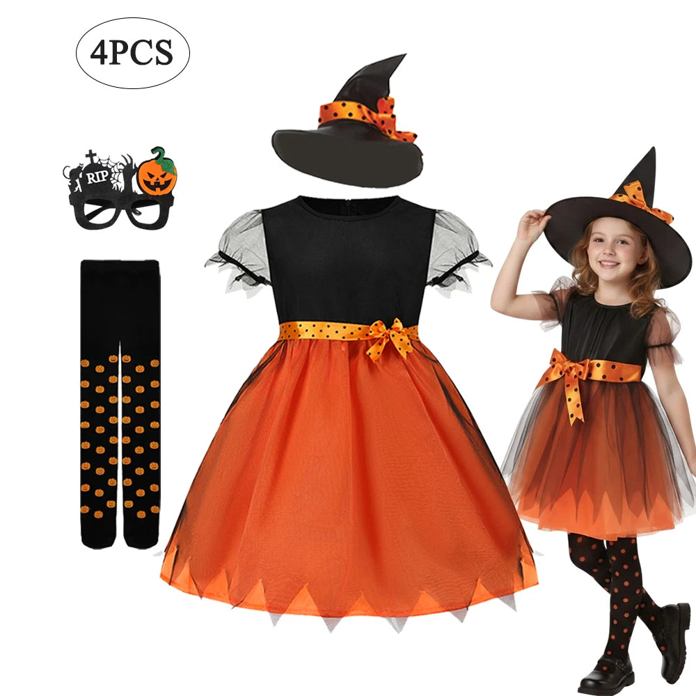 Halloween Cosplay Party Girls Pumpkin Costumes Witch Dress Kids Carnival Costume Vestidos Party Cosplay Dress