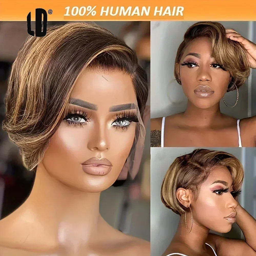 13x4 Lace Front Pixie Cut Bob Wig Highlight Honey Blonde Ombre Brazilian Remy Human Hair Pre‑Plucked Natural Hairline Soft