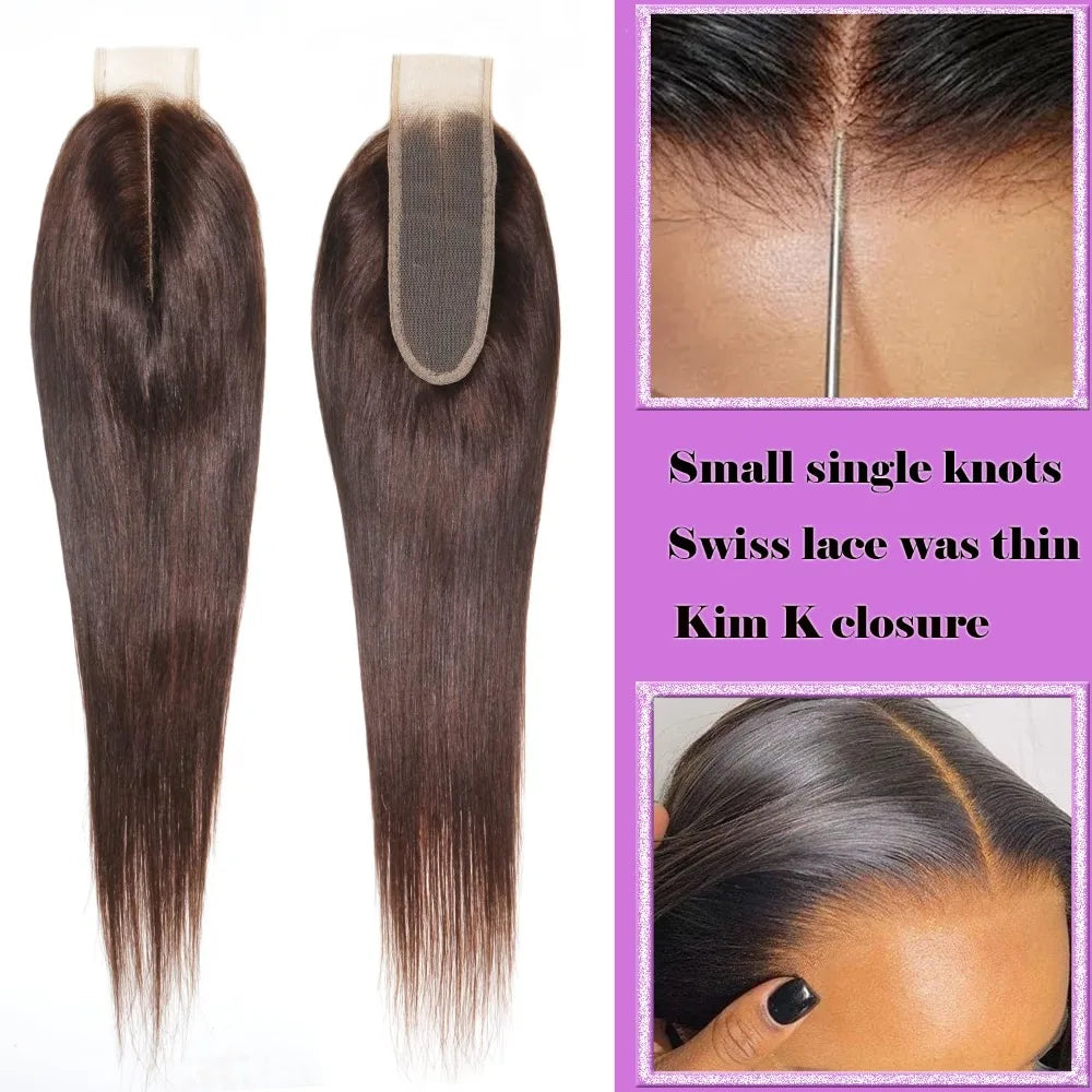 Color 2 Dark Brown Straight 2x6 Human Hair Lace Closure Long Deep Parting Brazilian Virgin Hair 10-22 Inch 150% Density Full End