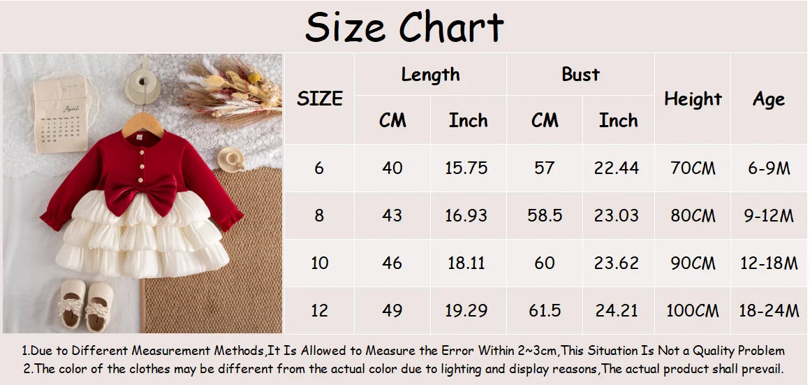 Baby Girl Dress Spring/Fall Red Long-Sleeve Bow Girls Dress Adorable Christmas Baby Dress Baby Girl Clothing