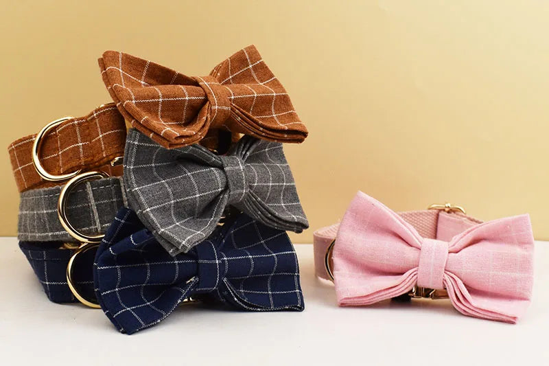 Plaid Dog Collar Designer With Bow Tie Custom Dog Accessories Luxury Pet collar leash set