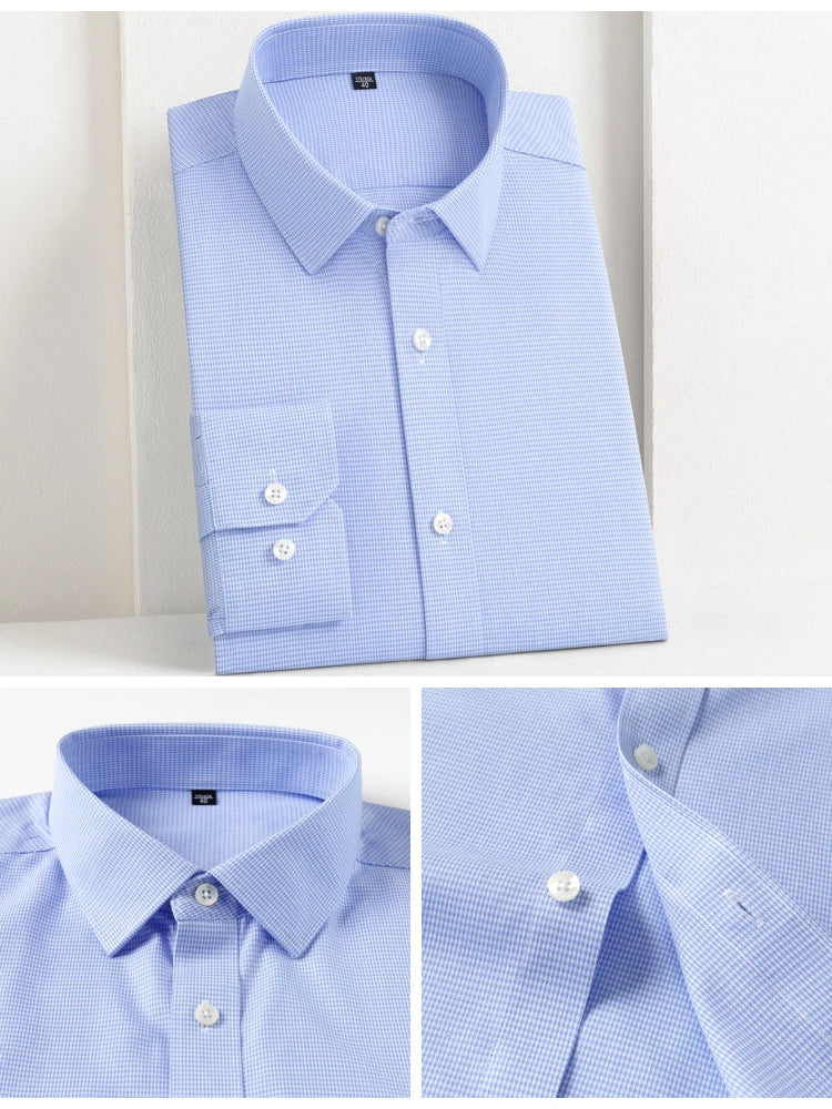 Men's Houndstooth Non-Iron Long Sleeve Button-Up Cotton Shirt, No Pocket Skin-Friendly Casual Versatile for Various Occasions