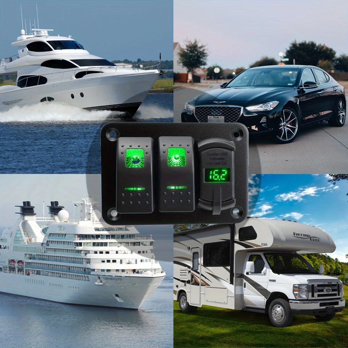 12V 24V DC 3/4/5/6/8 sets of marine control lever switch panel, with 4.8A dual USB charger voltage and sticker, green