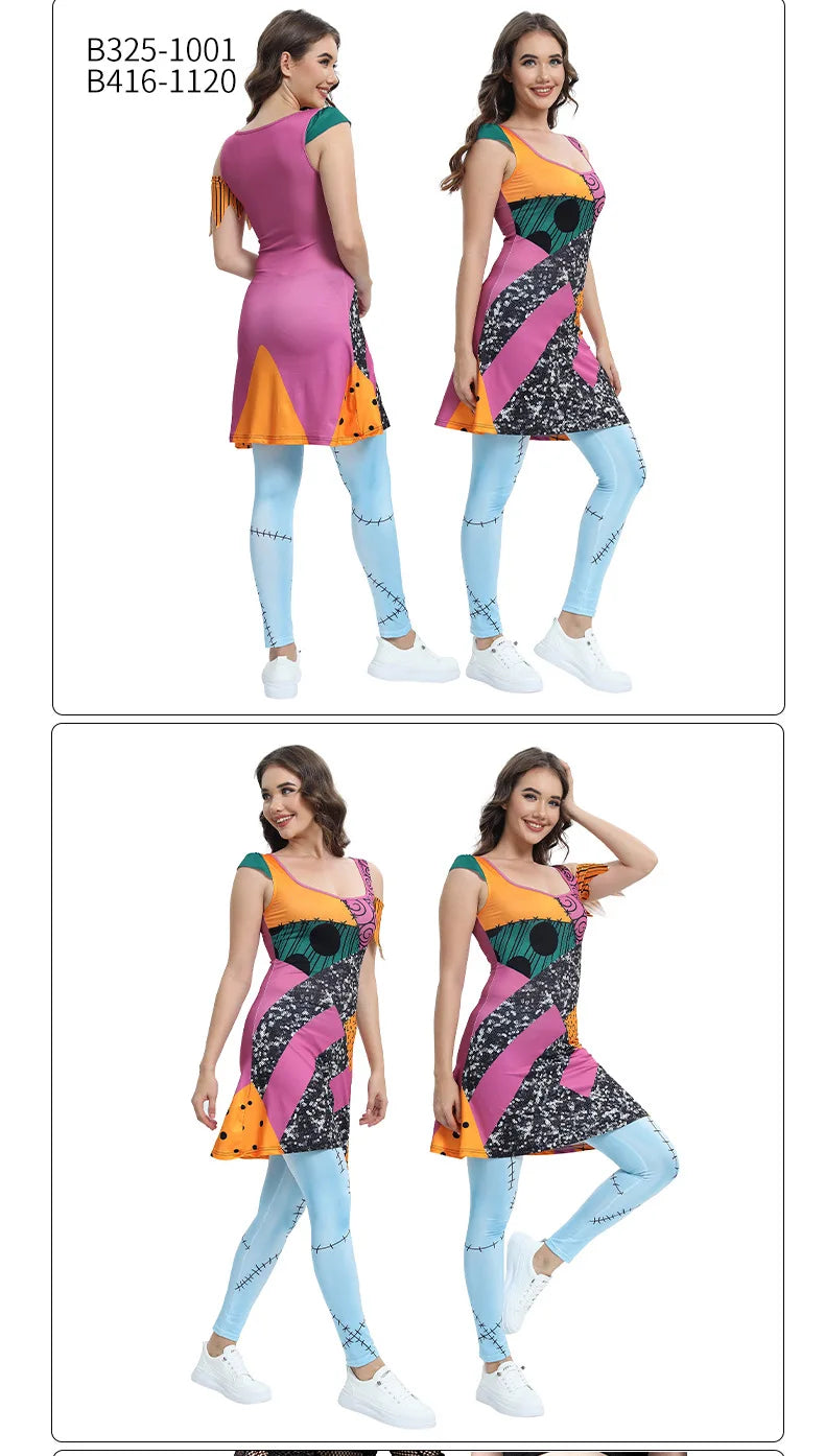 Halloween Cosplay Costume For Women Sally Printed Dresses Party Costume Zenti Carnival Bodysuits Dress Up Female Women Leggings