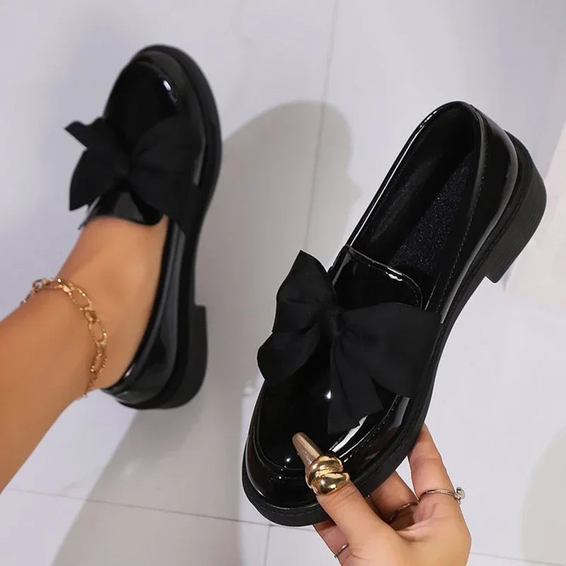 Fashion Bowknot Slip On Loafers for Women 2025 Summer Solid Color Patent Leather Shoes Woman Comfort Soft Sole Platform Loafers