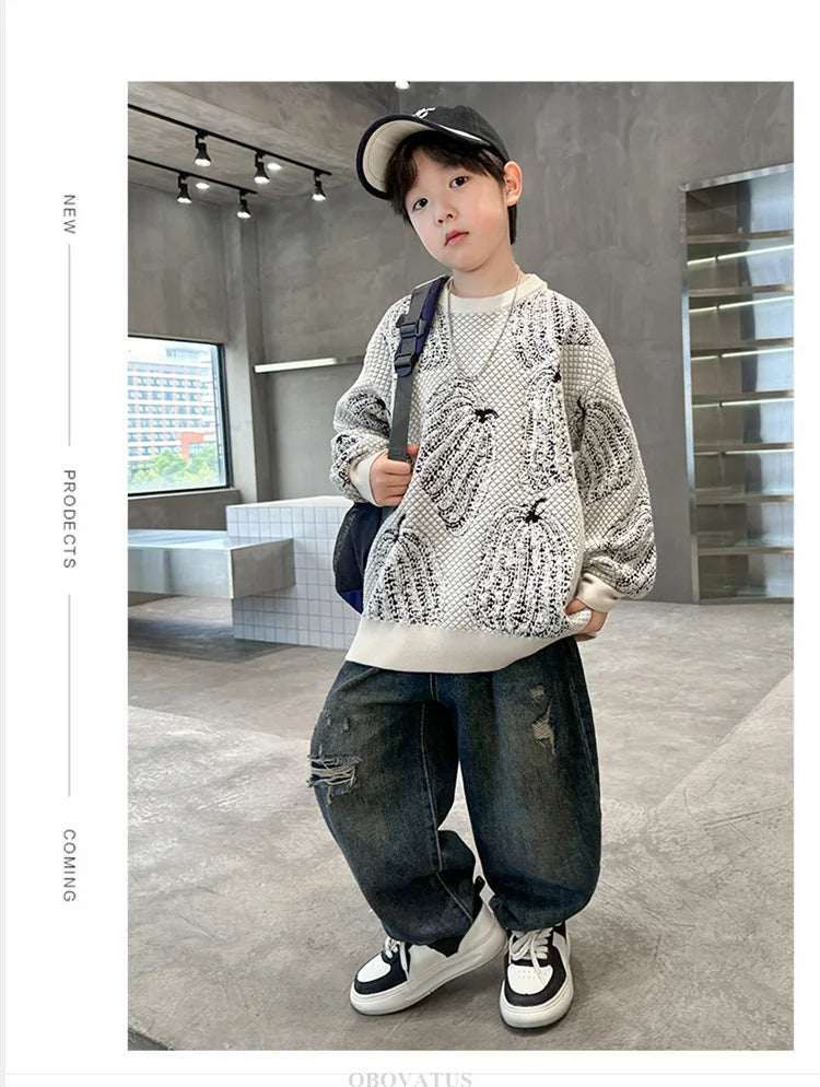 Children Halloween Pumpkin Sweater For Boys Fancy Knitted Outfit Clothing Kids Elegant Pullover Knitwear For Teenagers Age 5-14T