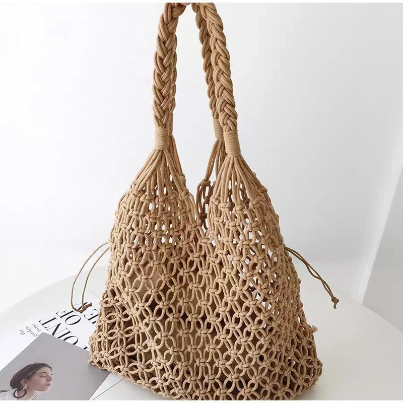 Fashion Crochet Bags for Women Summer Beach Tote Bag Raffia Aesthetic Totes Straw Handbag Bohemian Boho Woven Knit Shoulder Bag