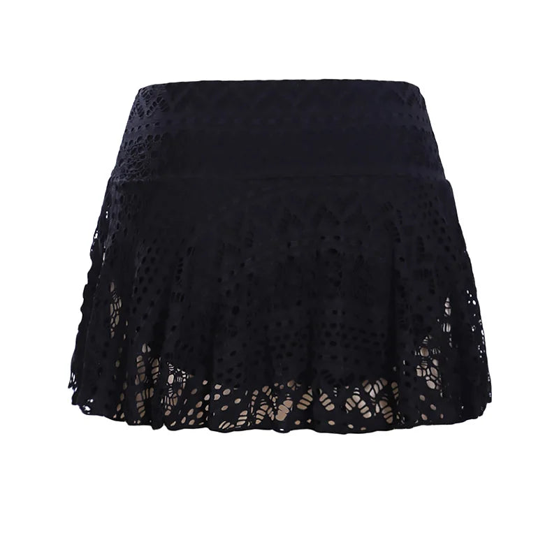 Women's Summer Shorts Skirt Swimwear Fashion Ladies Mini Mesh Lace Crochet Tiered Elastic Waist Famale Sexy Short Swimsuit Pants
