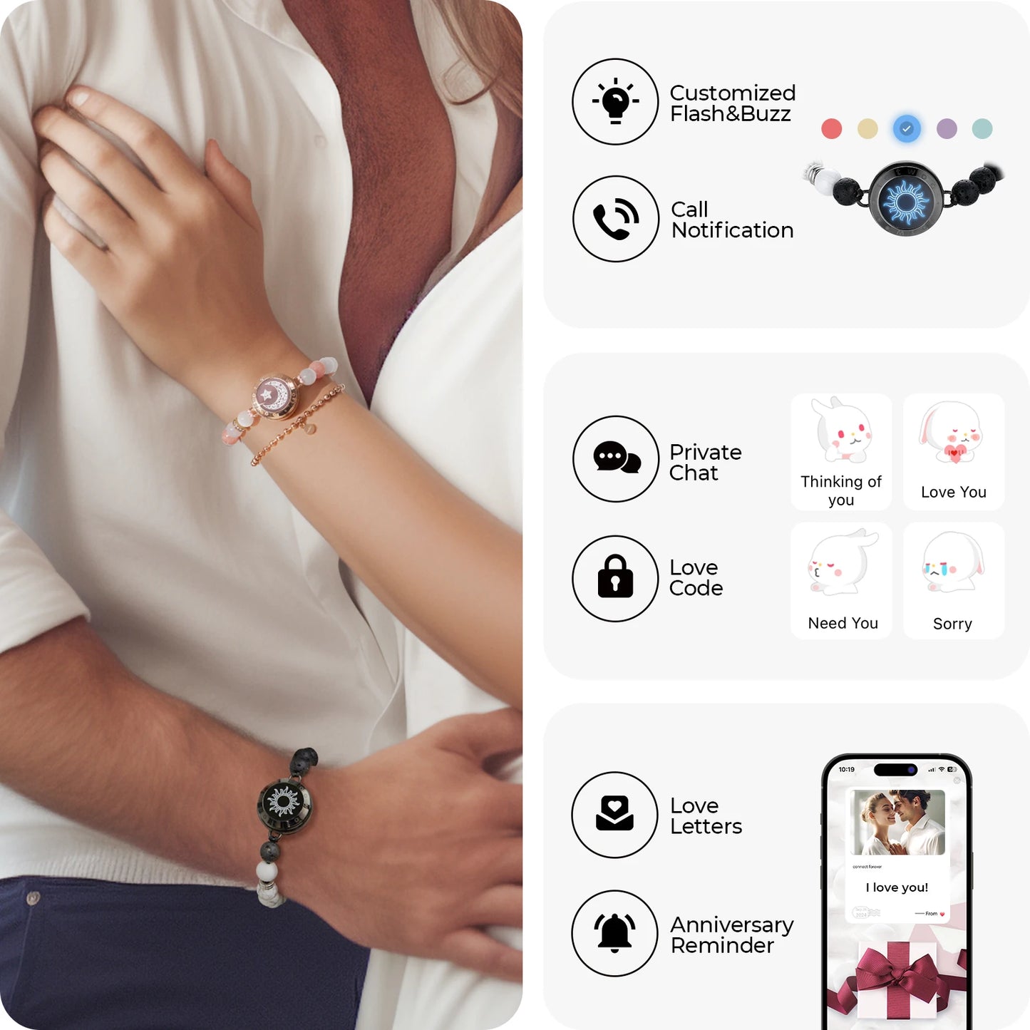 Totwoo Touch Smart Beaded Bracelets for Couple Emotional Bluetooth Jewelry Gift for Girlfriend Boyfriend Anniversary Birthday