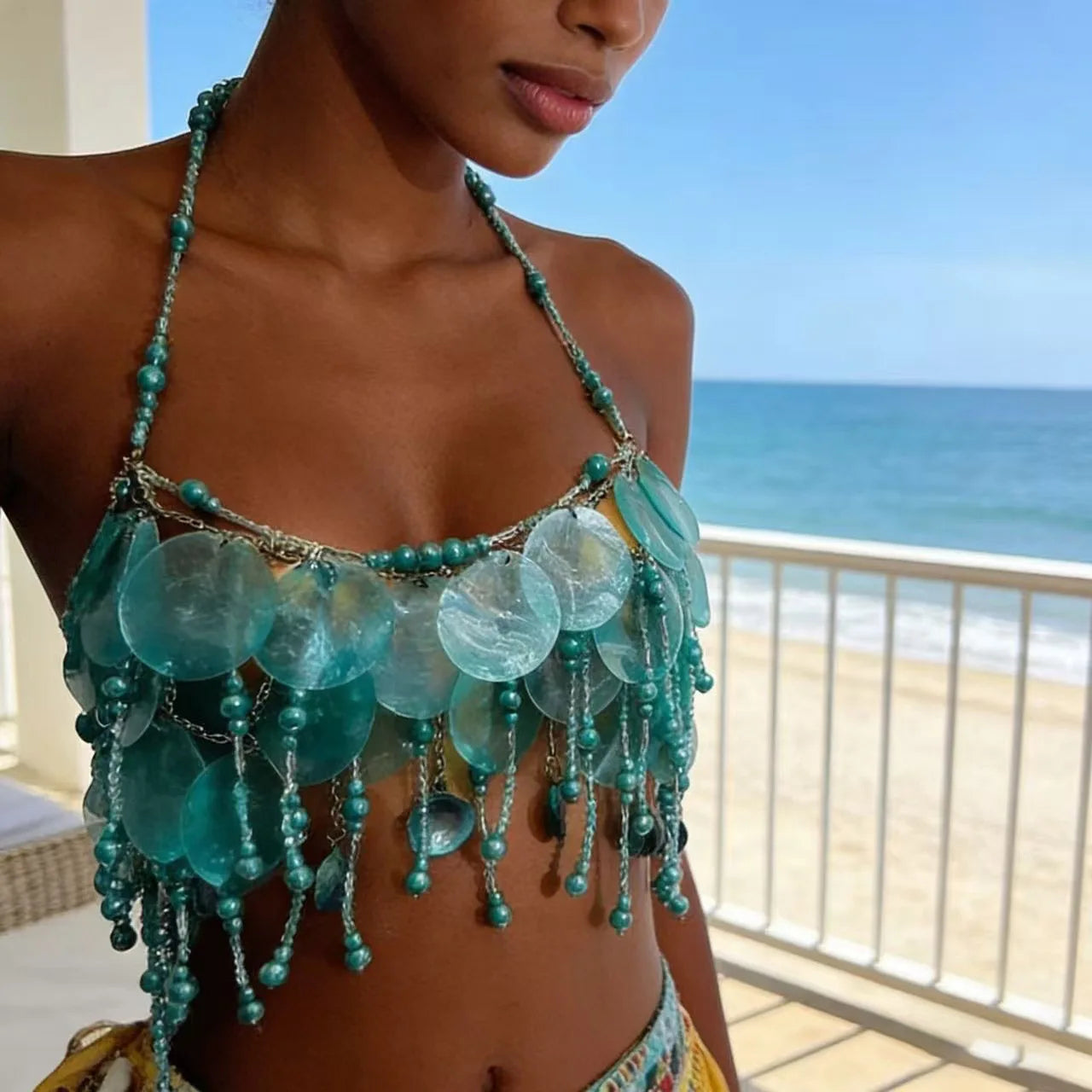 Handmade Sparkly Bohemian Mermaid Shell Beaded Halter Top Women Summer Beach Party Vacation Rave Outfit Sequins Beaded Bra Tops
