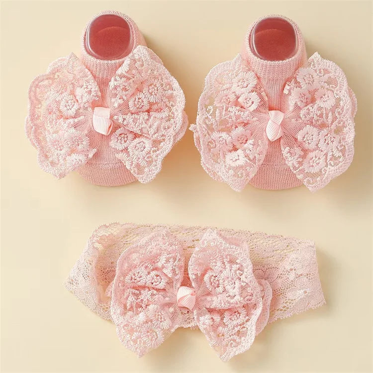 2Pcs Baby Girl Headband And Socks Set Princess Lace Bowknot Elastic Hair Band Anti-Slip Floor Socks for Newborns