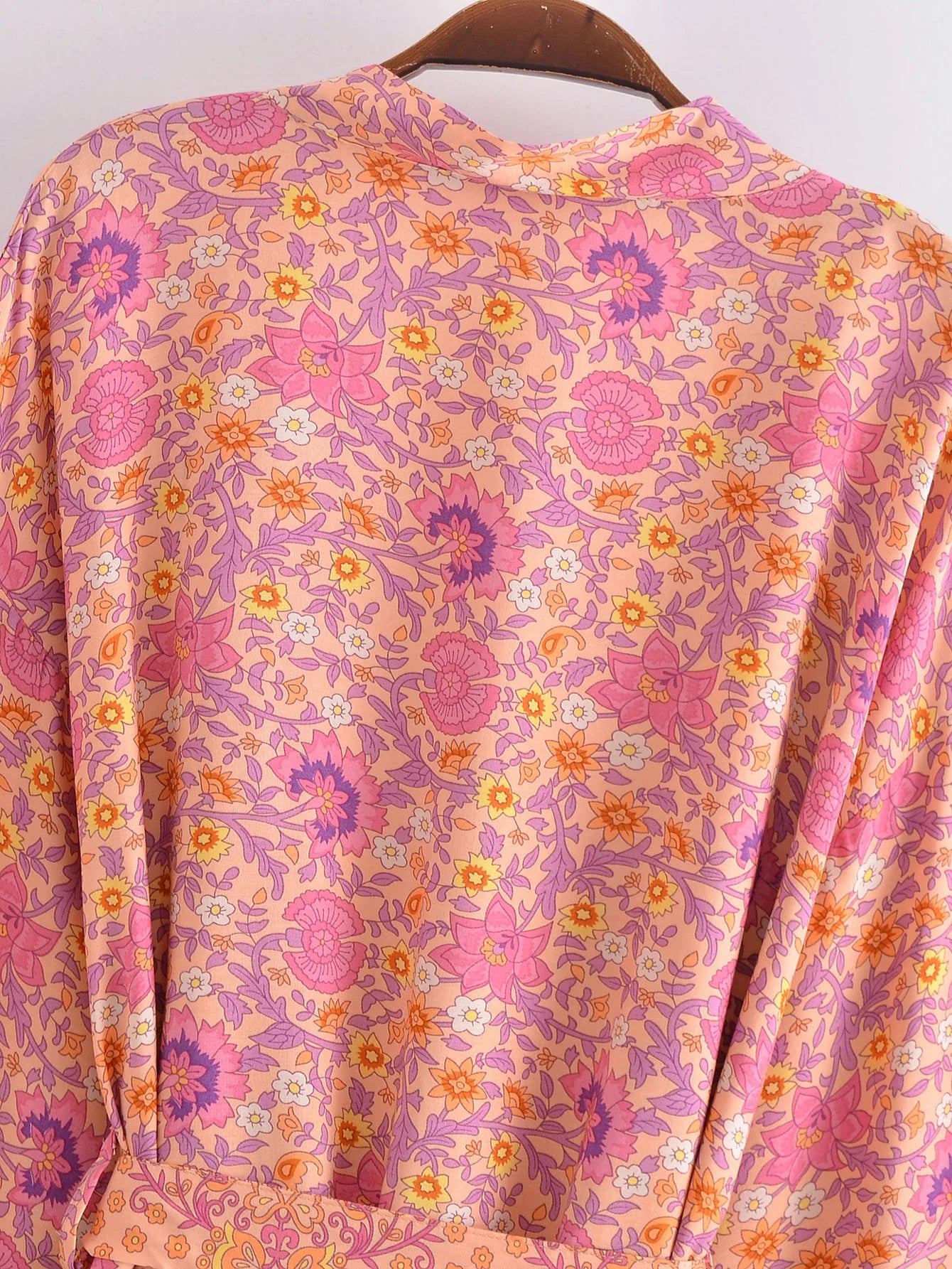BOHO Women Blue With Pink Flower Print Kimono Shirt Holiday Tide Bow Sashes Mid Long Cardigan Summer Blouse Beach Cape