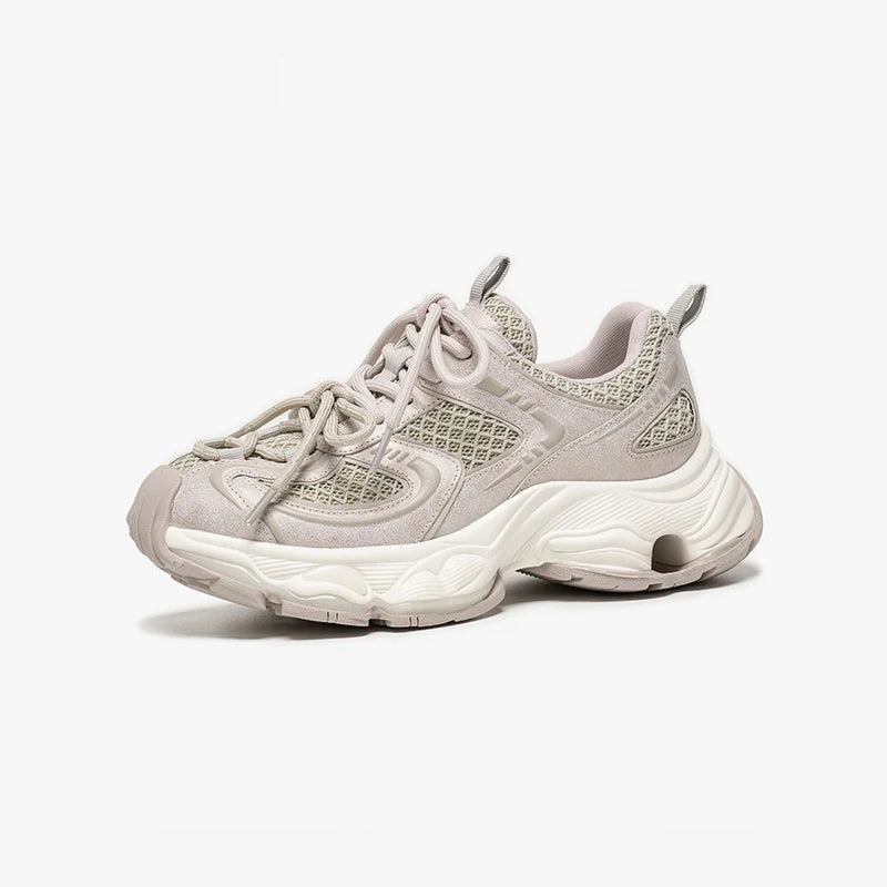 BEAUTODAY Chunky Sneakers Women Synthetic Leather Mesh Patchwork Round Toe Lace-up Trainers Ladies Platform Shoes Handmade 29A48