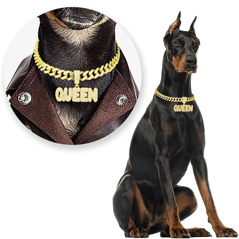 Cuban Dog Chain, Aluminum Alloy Pet Dog Collar, Gold Necklace for Small to Large Dogs Cats King Queen Pendant Jewelry Accessory