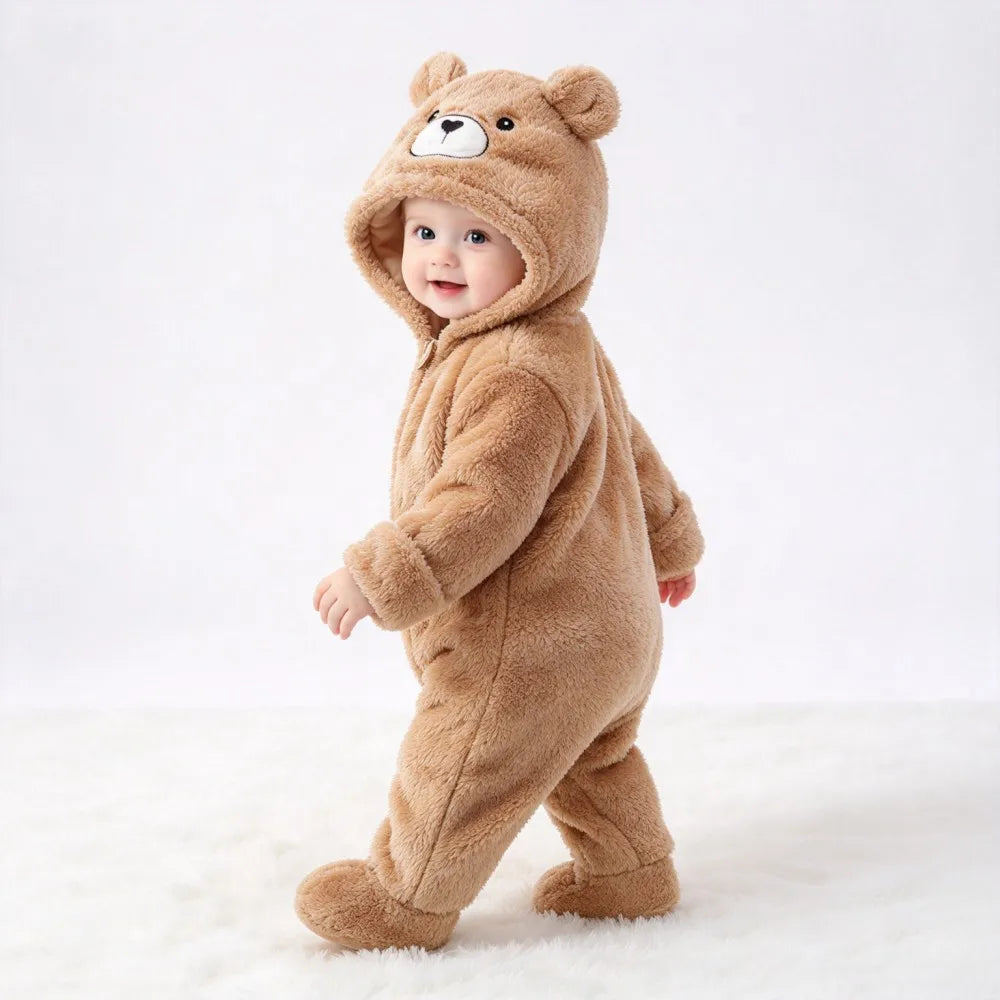 Baby Animal Onesie 0-12M Panda Bunny Bear Hooded Plush Romper Soft Warm Coral Fleece Jumpsuit Newborn Bodysuit Winter Costume