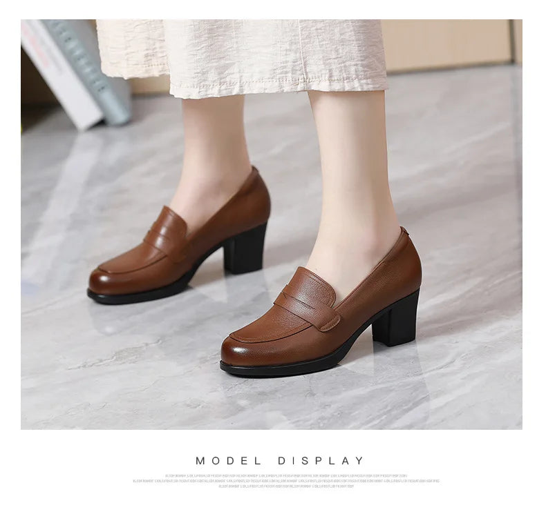 GKTINOO Pumps Women Genuine Cow Leather Round Toe Slip-On Loafers Med Heel Lady Shoes Handmade Women's Work Shoes