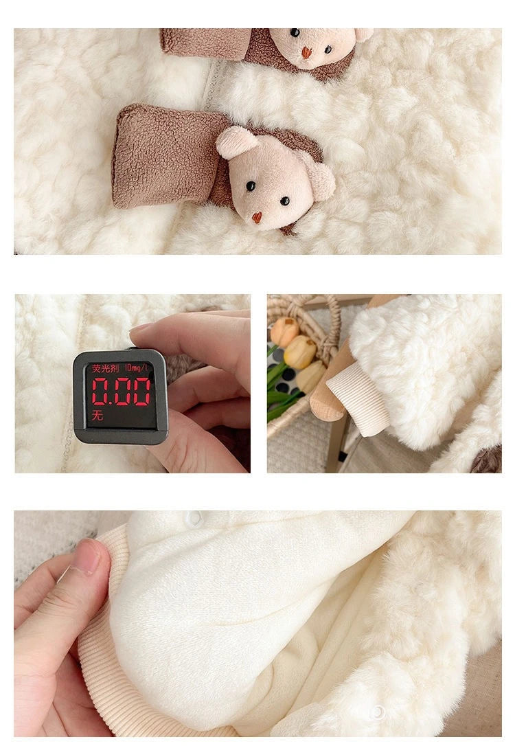 2026 Winter Baby Girls Boys Cute Cartoon Bear Soft Warm Fleece Hooded Rompers Infant Kids Long Sleeve Overalls Jumpsuit