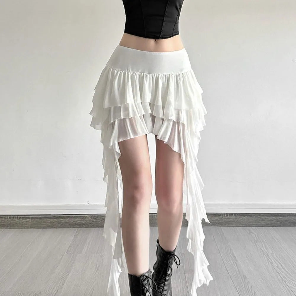 Casual High Waist Women's Tiered Skorts Layered Asymmetrical Hem Mini Skirt Ruffled Flowy Goth Skirt Summer Wear