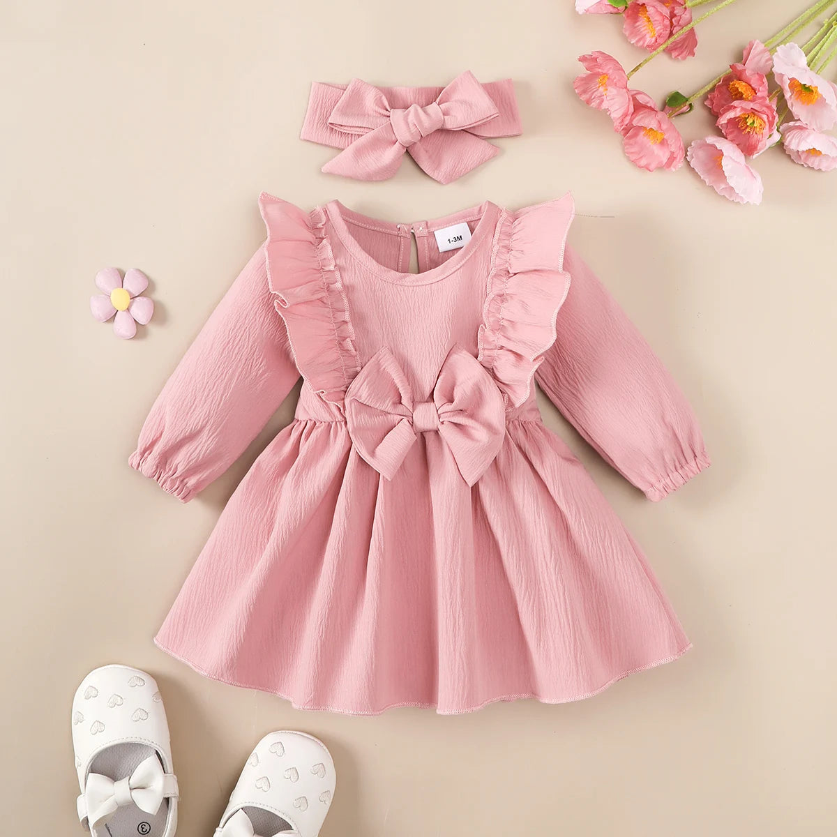 Baby girl Autumn Dress Ruffled Edges and Bow, Long sleeved Dress+Headband for 0-18 Months Cute Baby girl Holiday Party Costume