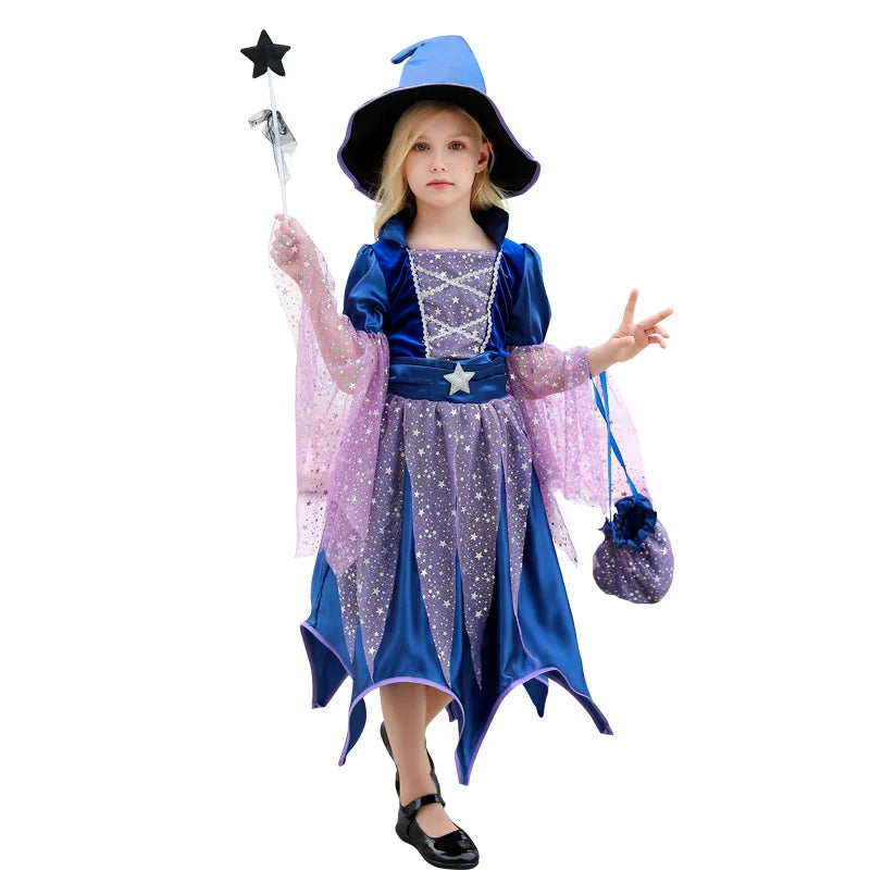 2026 Halloween Blue Witch Costume for Girls with Witch Hat Wand Bag Accessory Set  2-12T Girl Role Play Party Dress Vestidos