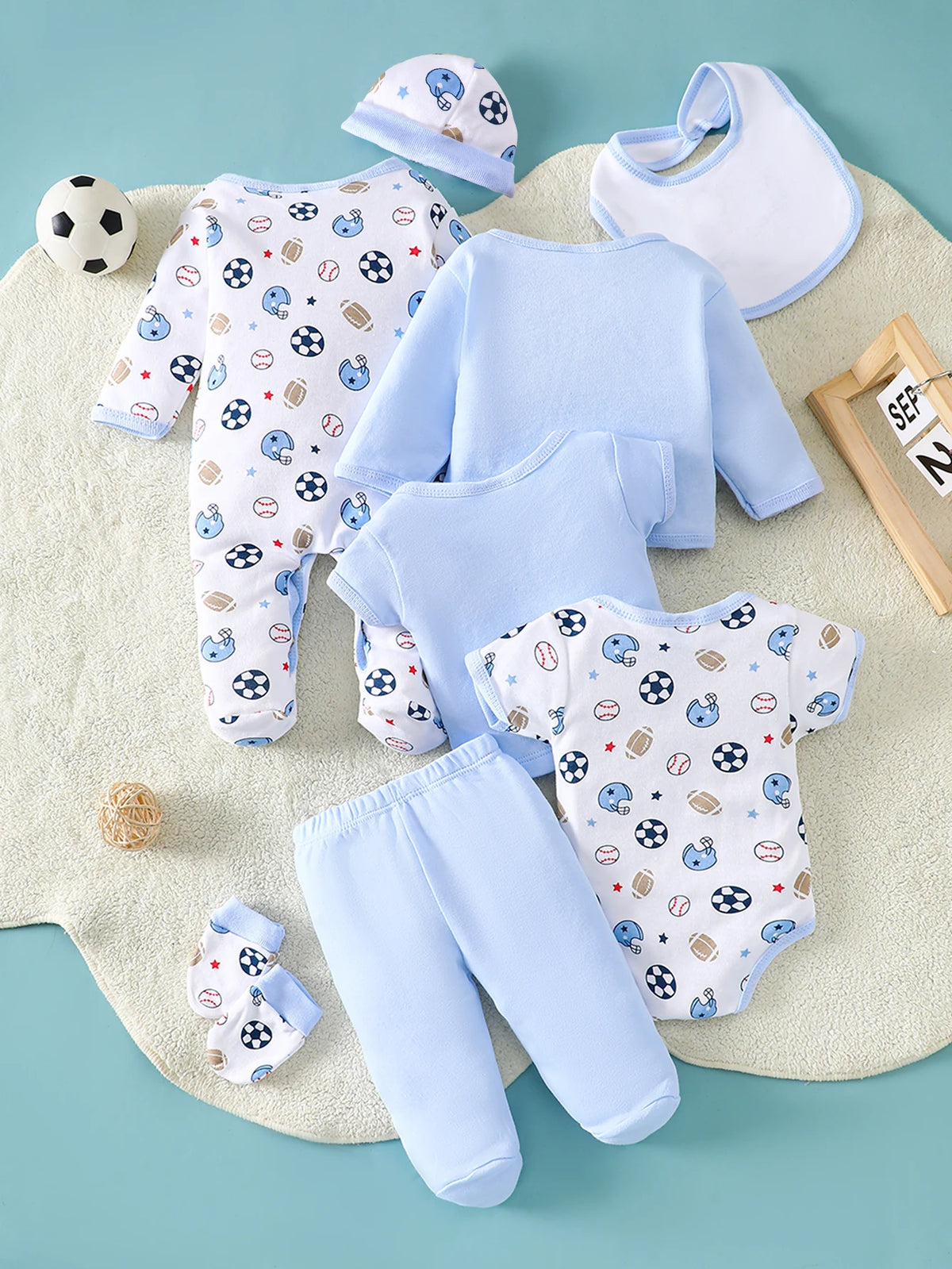 8-Piece Baby Romper Set | 100% Cotton | Soft & Breathable | Blue Cartoon Rugby Design | For 0-9 Months Infants
