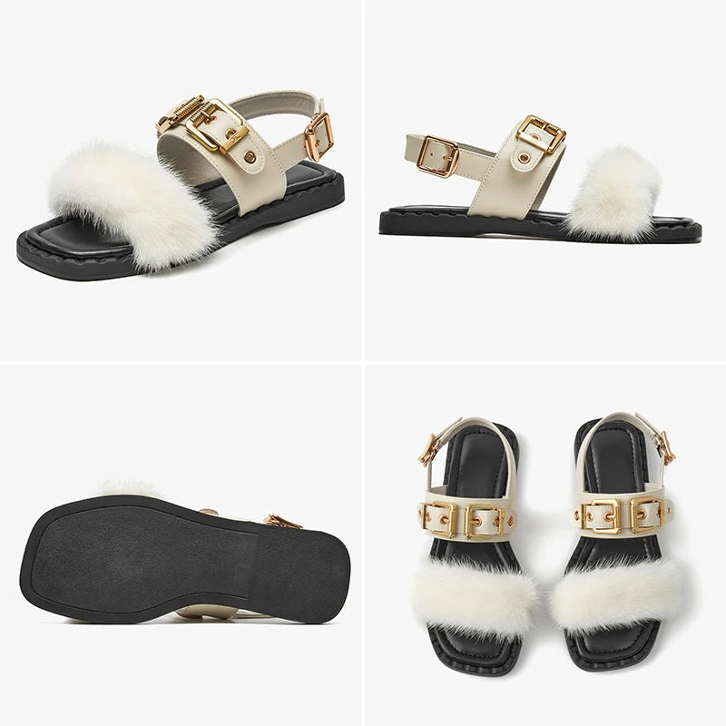 BeauToday Flat Sandals Women Cow Leather Square Toe Mink design Buckle Strap Elegant Female Furry Shoes Handmade 32372