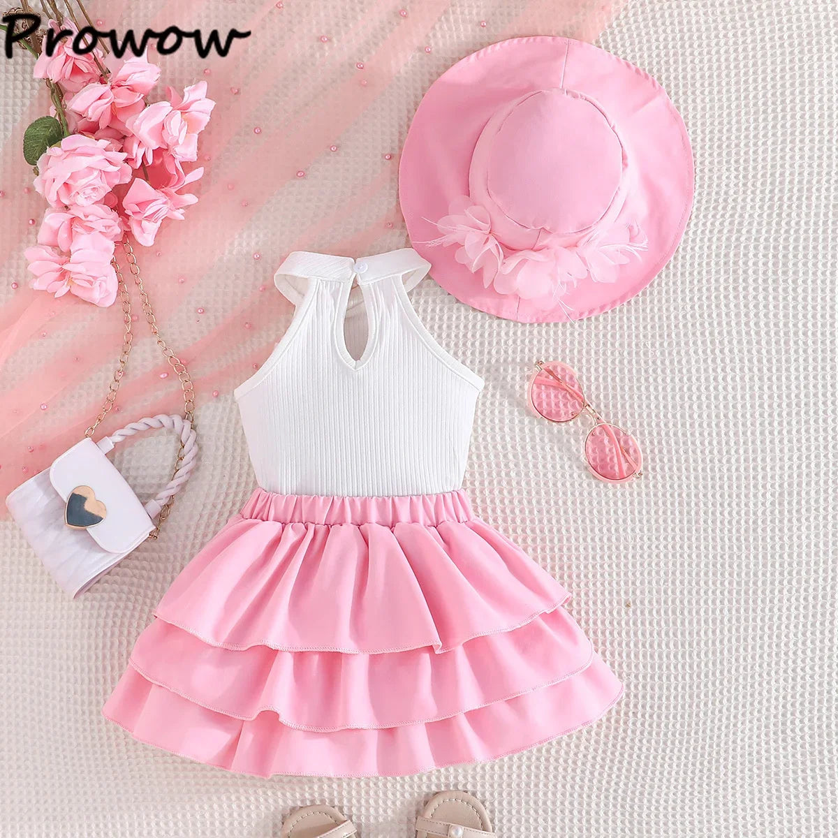 Toddler Girl Outfit Sets Sleeveless Turtleneck Fixed Flower T-shirt+Layered Skirt+Sun Hat Summer 3pcs Sets For Baby Girl Clothes