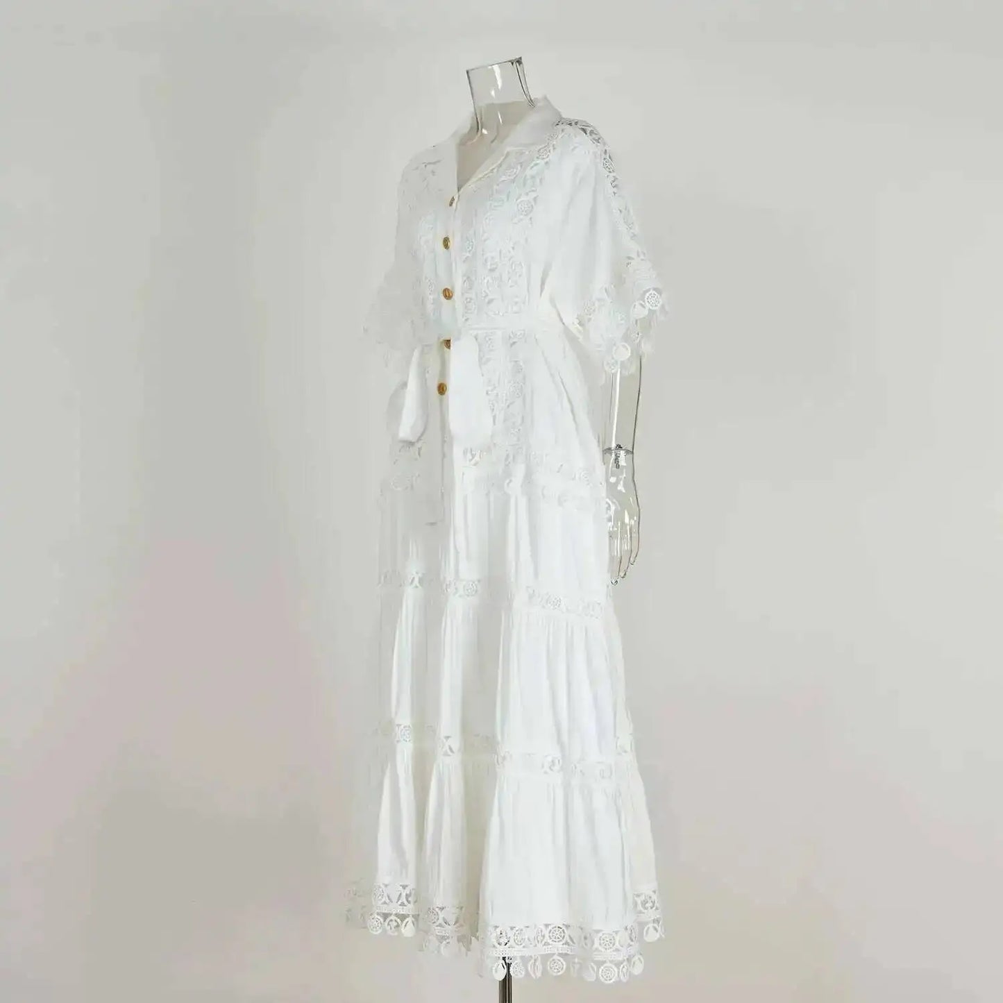 Luxury Long Maxi Dresses Shirt Women 2025 Summer Holiday Lace Embroidery Cotton Loose Big Size Hollow Out Wedding Dress White