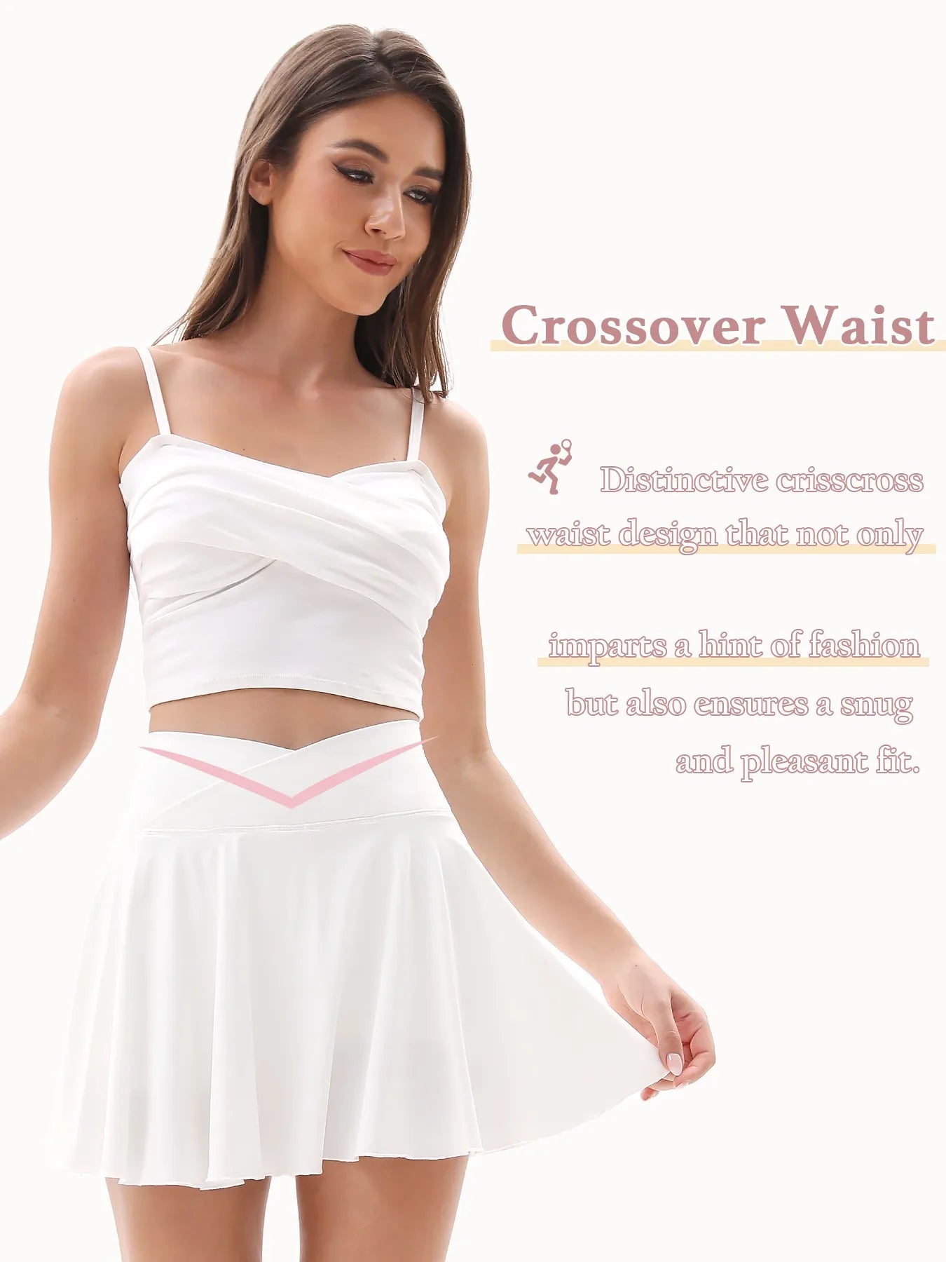 Cross Waist Tennis Skirt with Anti-Slip Shorts & Pockets, High Elastic A-Line Flared Skirt, Breathable Summer Sportswear