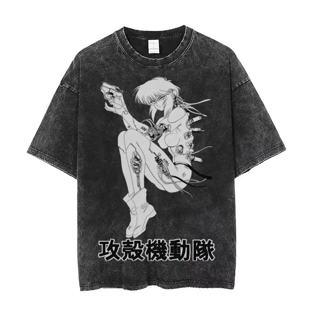 Anime Ghost in The Shell Kusanagi Motoko Print Tee Men Vintage Washed T-shirts Manga Casual T Shirt Harajuku Male Cotton Tshirt