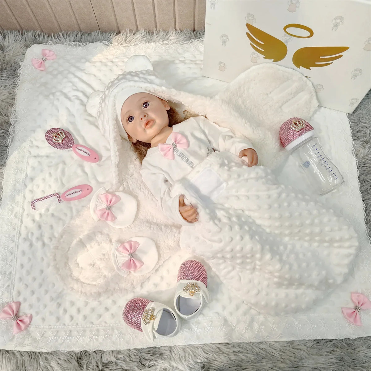 Ins Handmade Baby Swaddle Set Newbaby Gift Onesie Climbing Clothes High-end Gift Box Set Custom Newborn Baptism Clothes