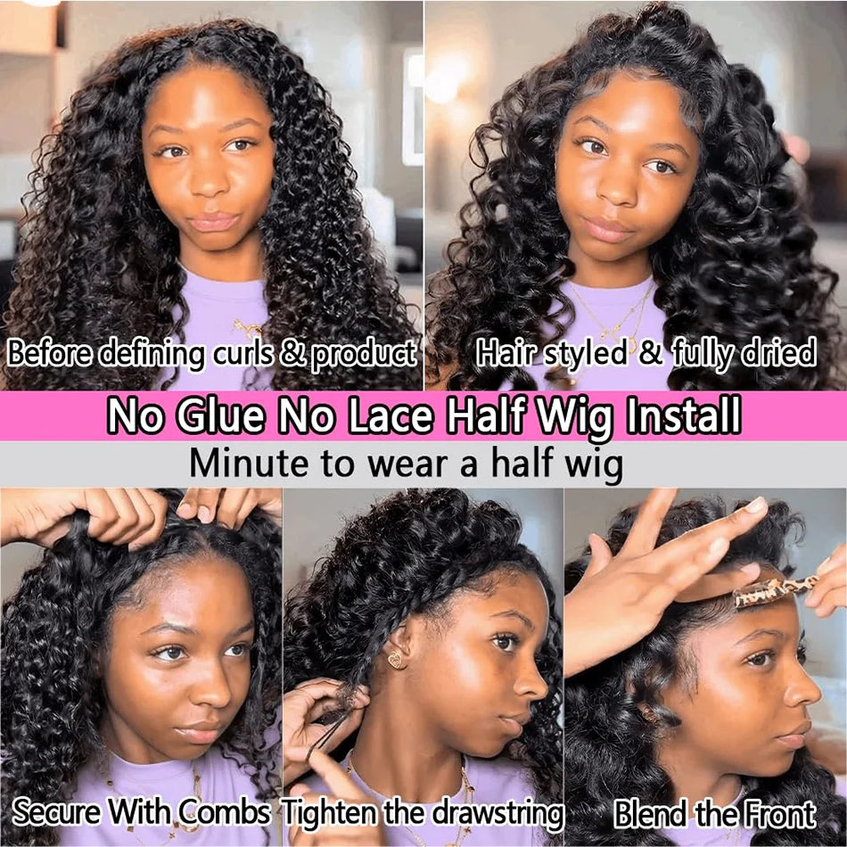 Deep Wave 3 In 1 Half Wig 100% Human Hair Glueless Curly Wigs Ready to Wear Seamless Flip Over Half Wig With Drawstring Clip Ins