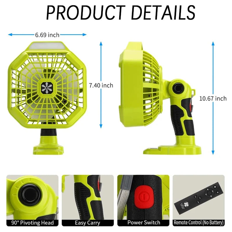 Multifunction Fan with LED Light for Ryobi 18V Battery Portable Outdoor Camping Fan with Remote Control for Travel Garage Office
