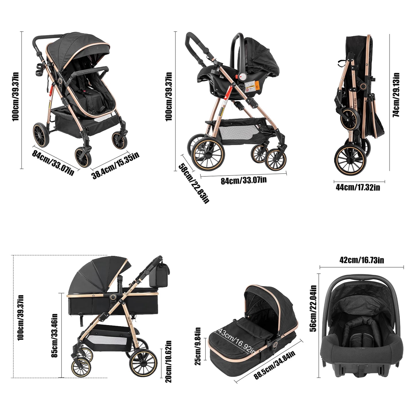 3-in-1 Baby Stroller with Bassinet & Car Seat Mode, 5-Point Harness, One-Hand Fold & Lightweight Design for Compact Storage