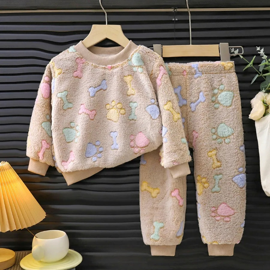 Children's Casual Soft Flannel Pajamas Sets Boys Girls Cartoon Flower Sleepwear Toddler Baby Autumn Winter Thicken Warm Pyjamas