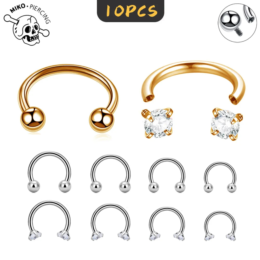 10Pcs ASTM F136 Titanium Horseshoe Piercing Intemal Thread Nose Ring U Shape Hoop Ear Septum Helix Lip Tragus Piercing Jewelry
