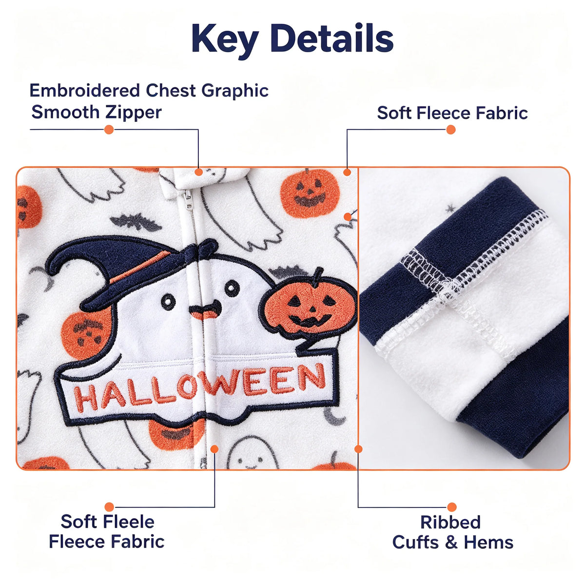 Halloween Baby Romper Polar Fleece Long Sleeve Full Zipper Infant Jumpsuit Ghost Pumpkin Print Footless Toddler Clothes 6-24M