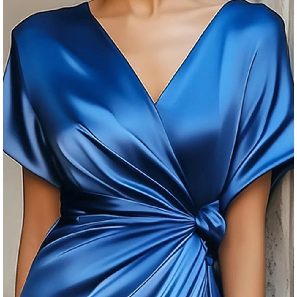 Fashion V Neck Short Sleeved Solid Color Dress Satin Women's Dress Elegant Form Fitting High-waisted Pleated Female Office Dress