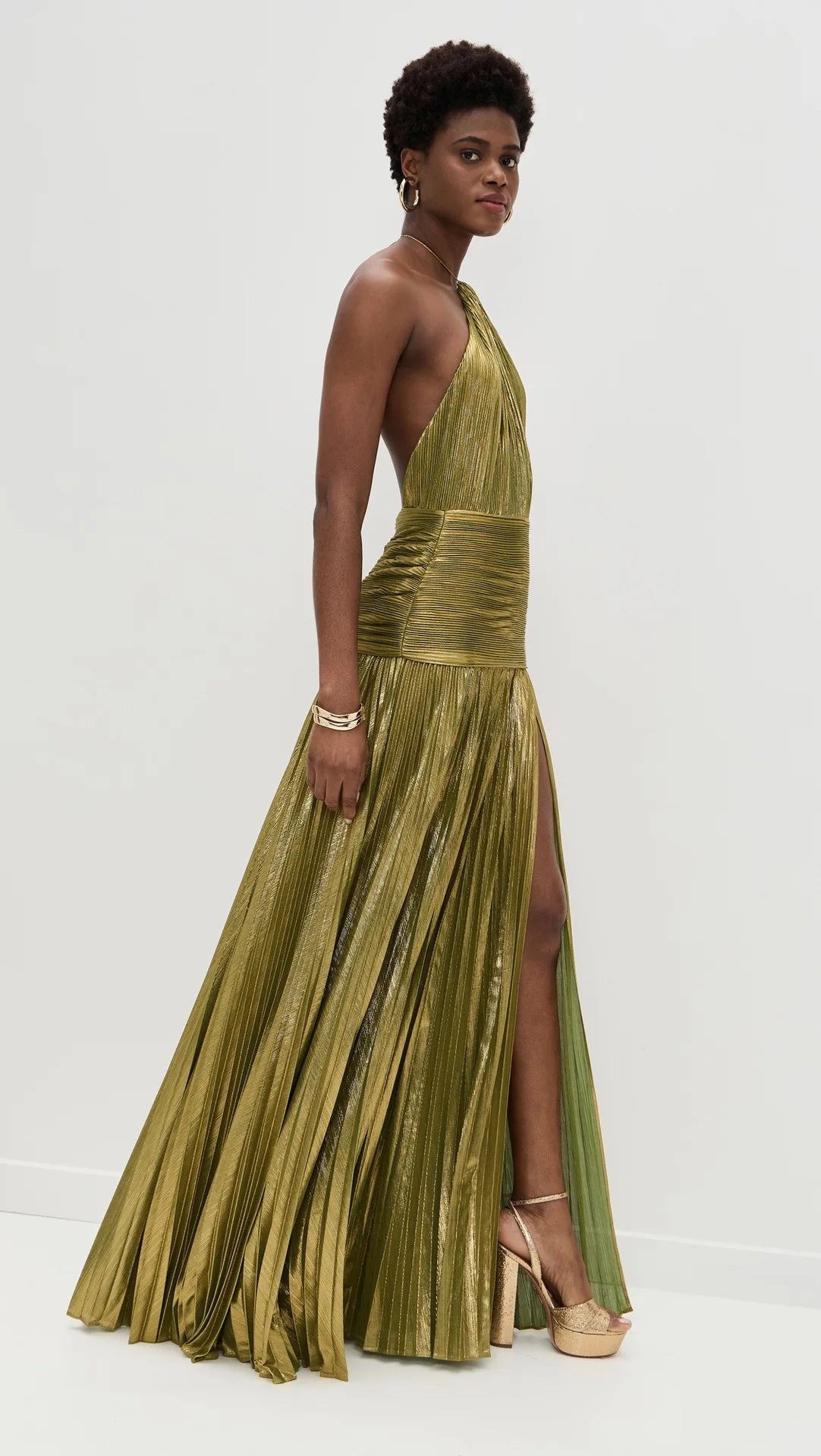 Gold Halter Neck Evening Dress Woman Chic Solid Color Pleated Backless Package Hip Slit Dress Fashion Trendy Lady Party Vestidos