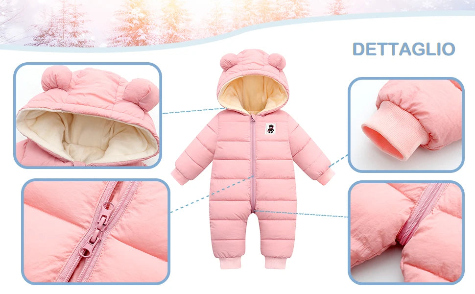 Toddlers Thick Snowsuit,Newborns Fleece Romper with Hood,Boys Girls Ski Wear,Warm Down Jumpsuit,Kids Winter Jumpsuit for 6-24M