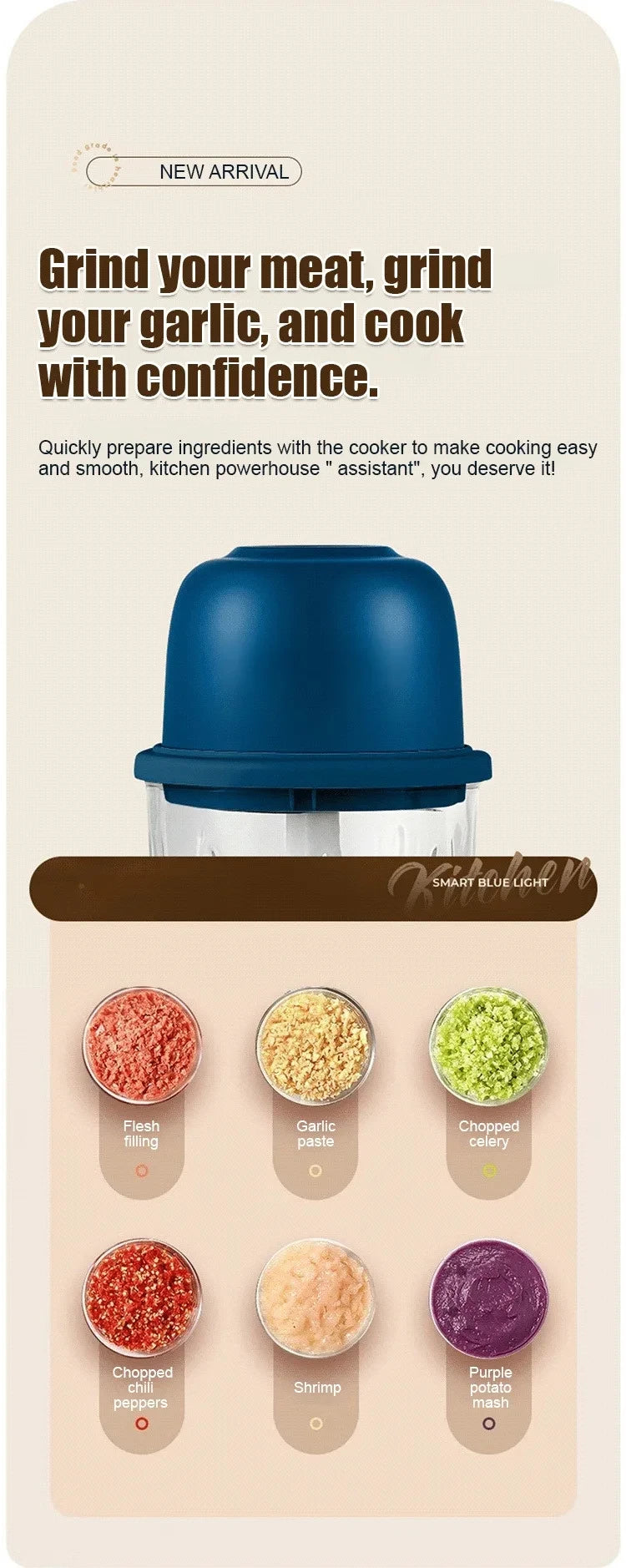 260ml Electric Garlic Grinder Onion Chopper with 1 Button Start Meat Grinder Kitchen Food Vegetable Mixer