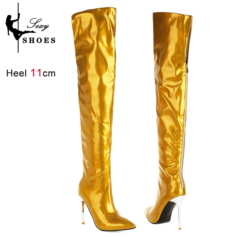 Long Boots for Women Dark Blue Pointed Toe Metal Stiletto Heel Patent Leather Over-the-Knee Female Shoes Large Size Short Plush