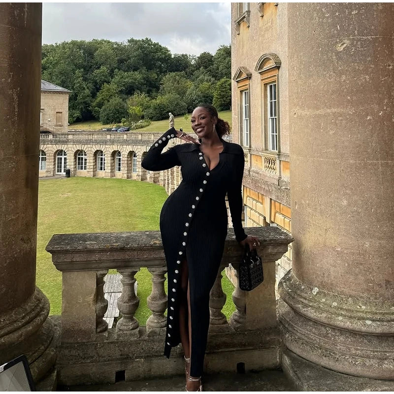 Sexy Knitted Fur Long Party Dress Women Solid Patchwork Full Sleeve V-neck Single Breasted Slim Dresses 2025 Fashion Evening Rob