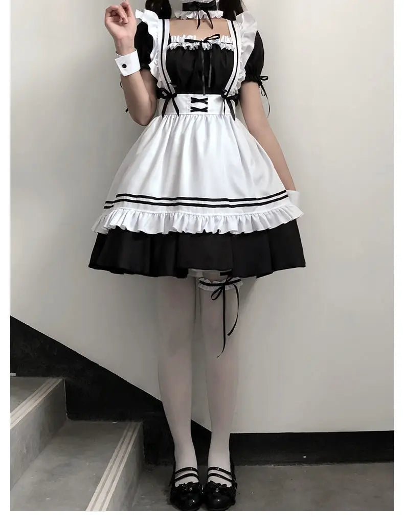 Halloween Maid Set Waiter's Cute Dress Men's Women's Costume Big Character Black and White Style Plus Size Short Sleeved Dress