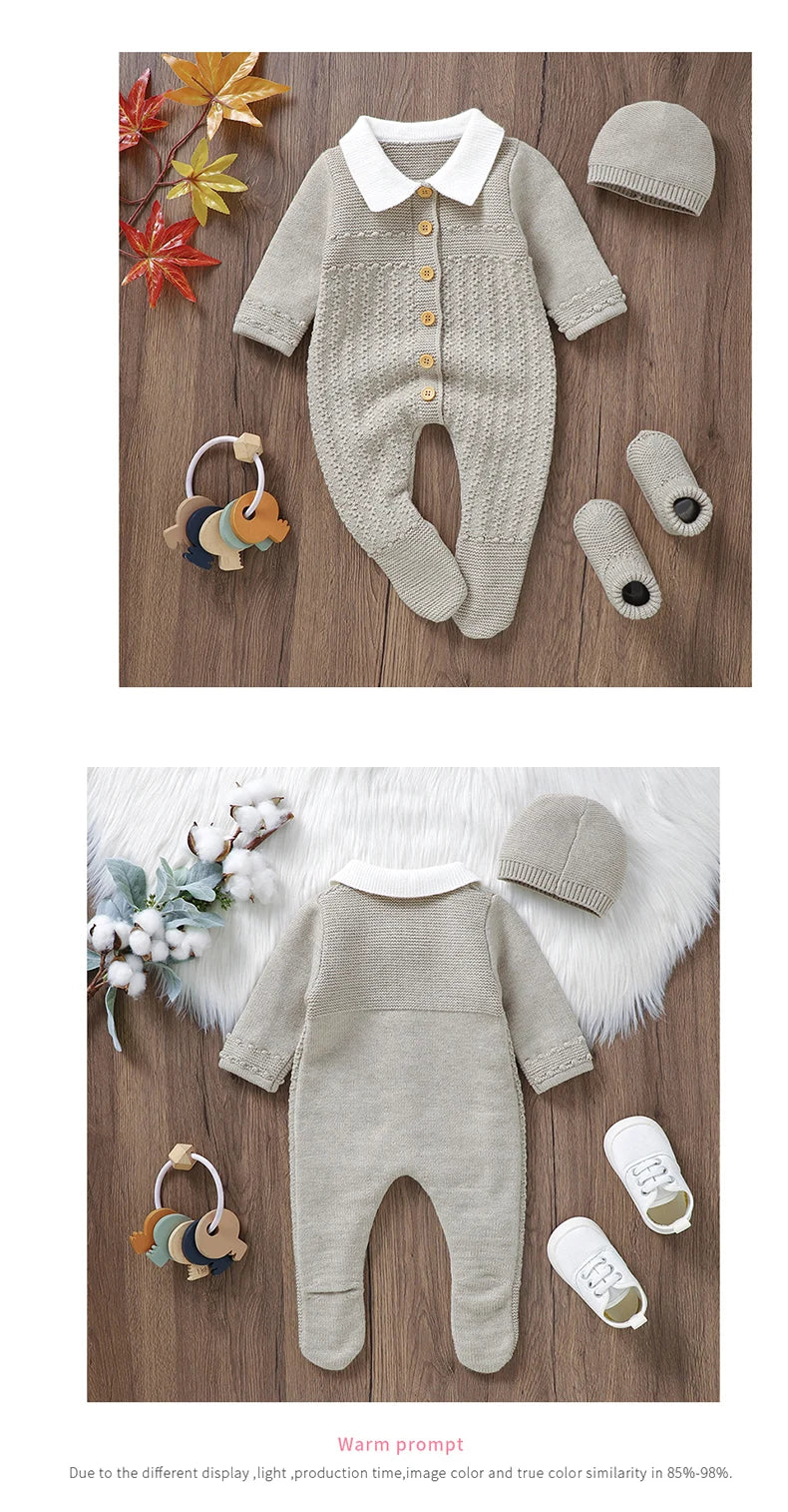 Baby Rompers Set Knit Infant Children Clothes Hat 0-9M Fashion Solid Newborn Girls Jumpsuit Long Sleeve Overalls Pantyhose 2pcs