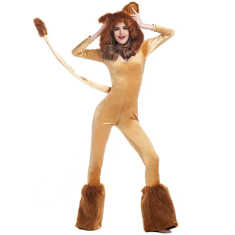Halloween Costume For Adult Women Lion King Cosplay Animal Cartoon Lion Plush Hooded Jumpsuit With Tail+Leg Cover