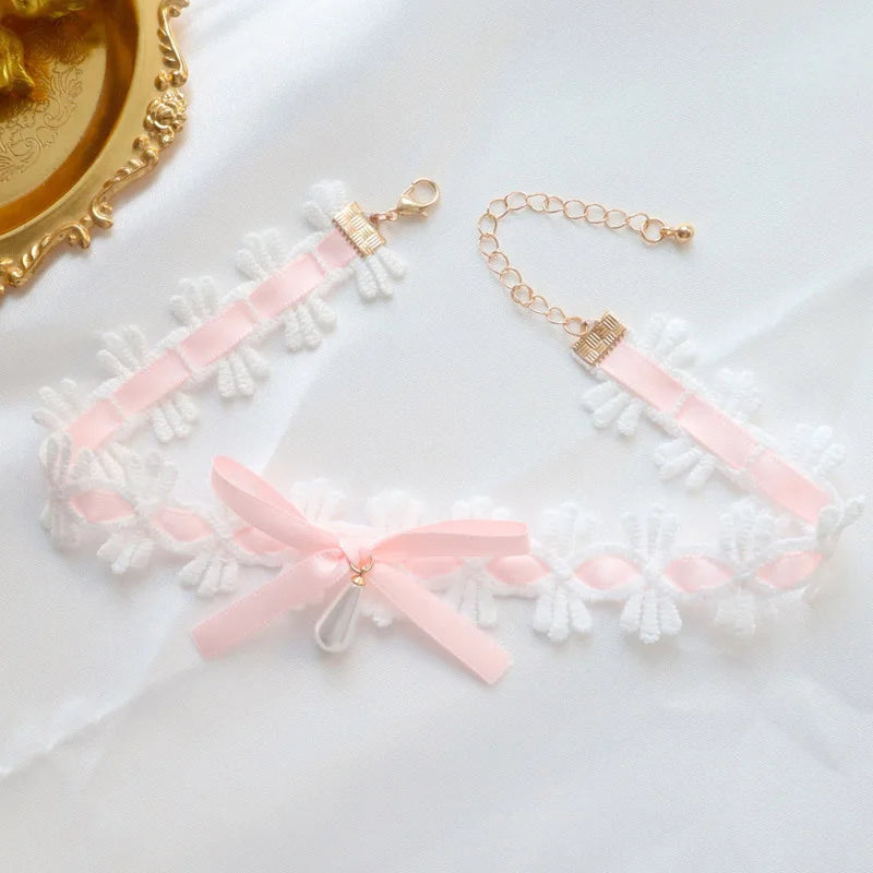 Women's Sexy Bow Lace Necklace with Pearl Drop Clavicle Choker in White Pink Black Purple - Elegant Lady Jewelry Gift